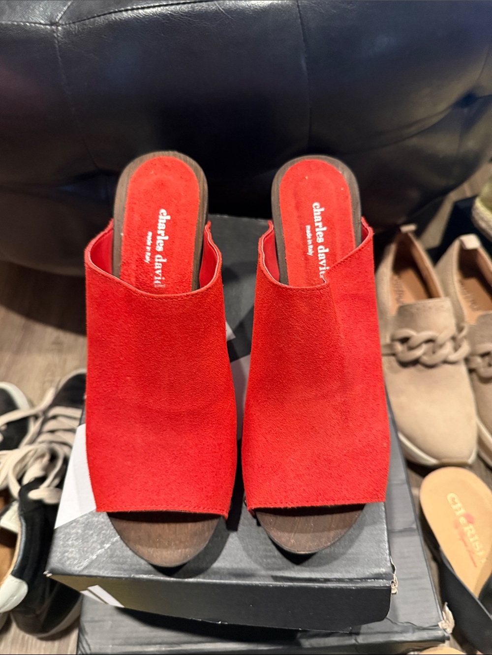 Charles David Red Suede Open-Toe Slide Mules